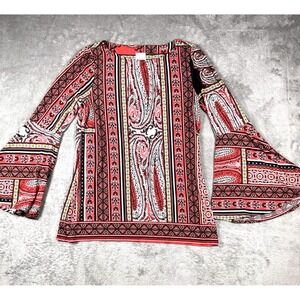 Chico's Boho Paisley Border Print Bell Sleeve Tunic Top Women's 0 Stretch Hippy